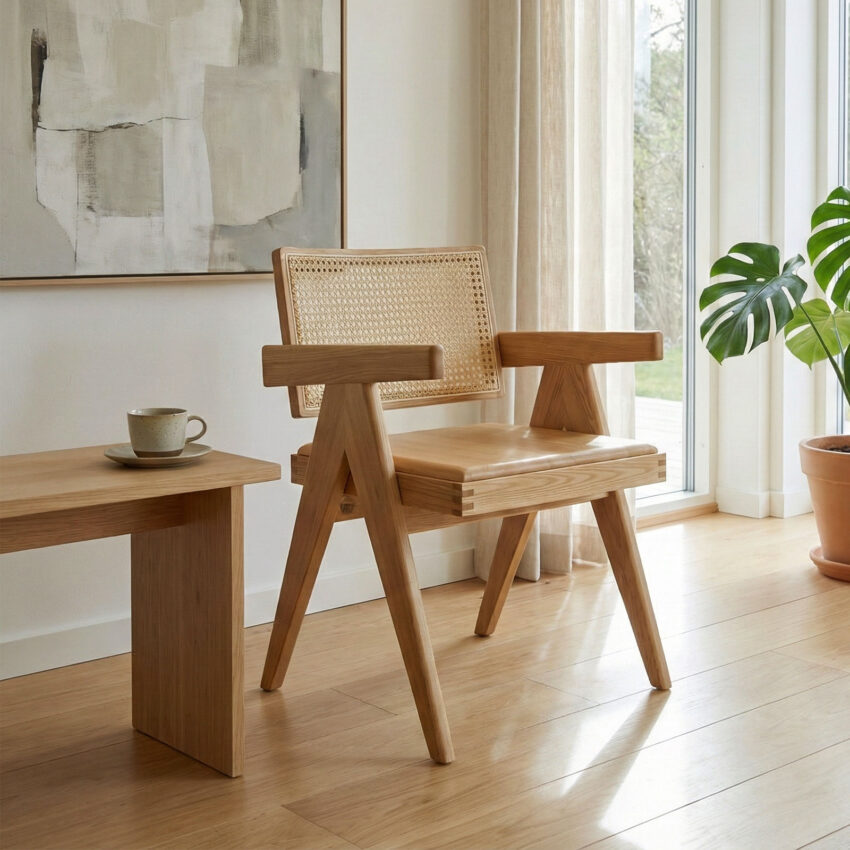 Livora One MOKU P805 北米産FAS級ホワイトアッシュ　無垢材　人口ラタン　ダイニングチェア　肘付き　ナチュラル　ウォールナットブラウン　　アジアン　北欧風　カフェ　レストラン　おすすめ　人気　和モダン　北欧風　和室　洋室に合う