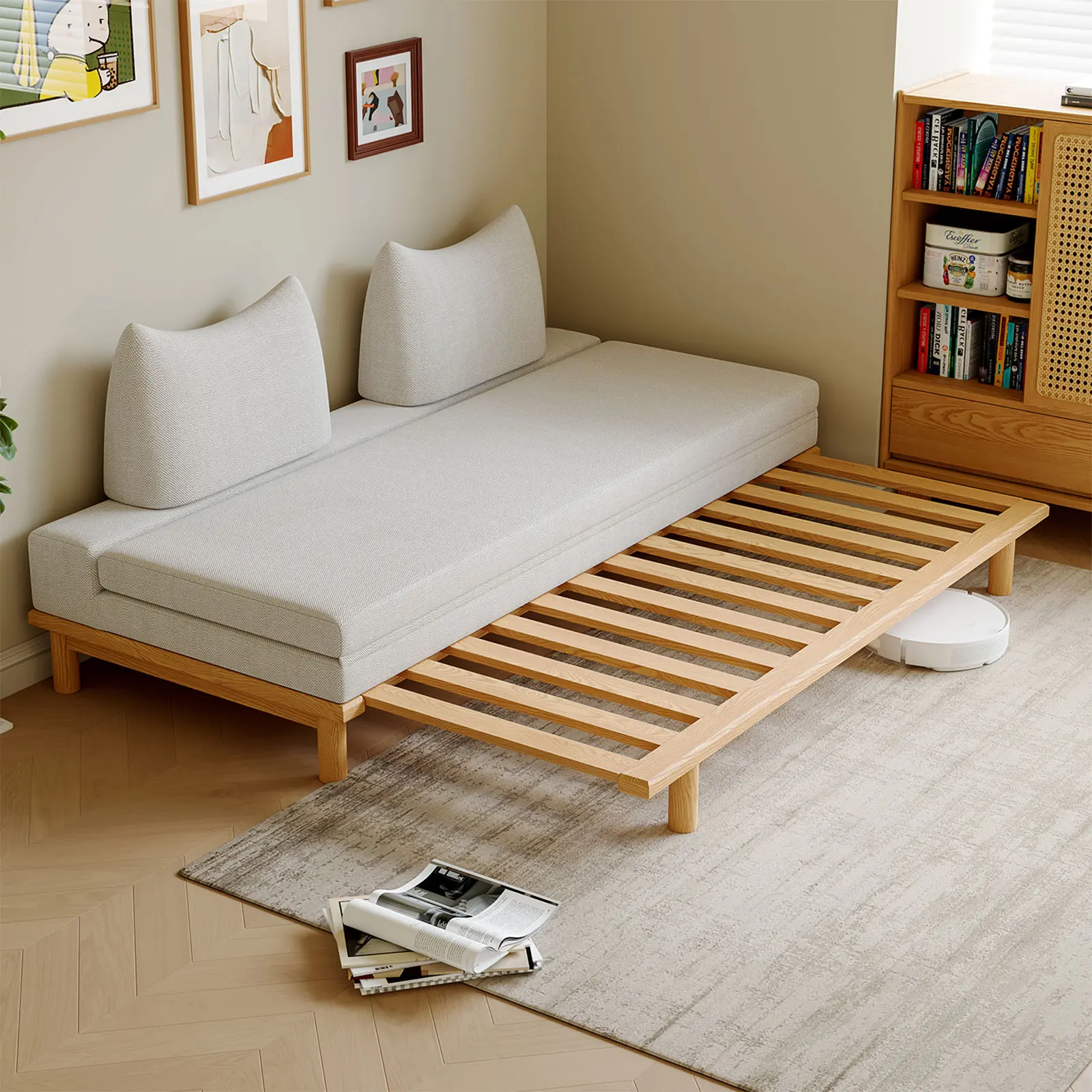 Livora One MOKU S001 だるまソファーベッド　北米産FAS級ホワイトアッシュ 天然木 無垢材 家具 　FAS級　水性塗料　エコ　すのこベッド　簀の子　簀子　スノコ　伸長式　折り畳みマットレス 折りたたみ